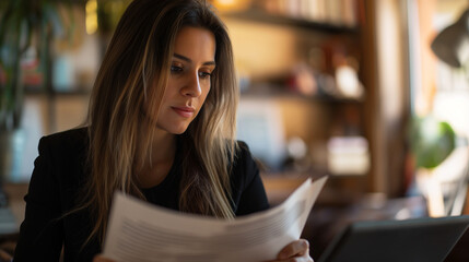 Fototapeta premium Businesswoman reviewing legal documents, highly professional photo picture emphasizing clear focus and detailed expressions, businesswoman, with copy space