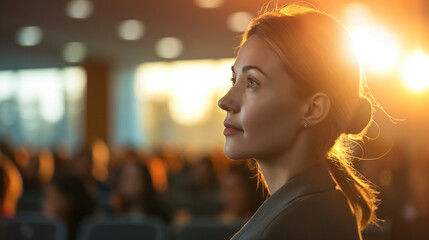 Businesswoman attending an international business conference, highly professional photo picture capturing ambient light and engaging background, businesswoman, with copy space