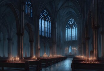Fototapeta premium A dark, gothic cathedral interior with tall arched windows, candles, and a mysterious, ethereal atmosphere