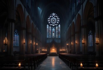 Fototapeta premium A dark, gothic cathedral interior with tall arched windows, candles, and a mysterious, ethereal atmosphere