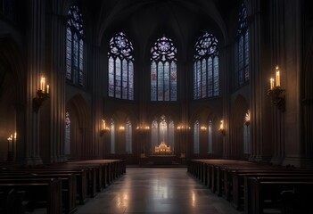Obraz premium A dark, gothic cathedral interior with tall arched windows, candles, and a mysterious, ethereal atmosphere