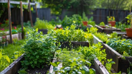 Obraz premium A backyard garden with fresh herbs and vegetables, promoting homegrown and sustainable food