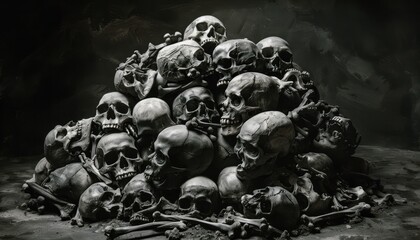 pile of human skulls and bones on dark background gothic horror scene