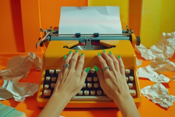 Woman Typing on Orange Typewriter surrounded by crumpled paper.