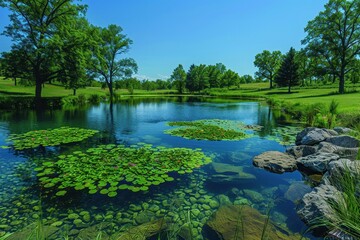 Fototapeta premium A serene lake with crystal-clear water and thriving aquatic plants, showing successful water conservation. 