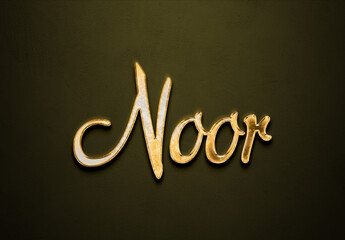 Old gold text effect of Arabic name Noor with 3D glossy style Mockup.