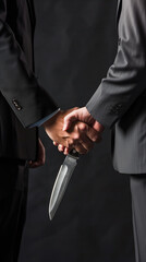 Two businessmen shake hands, one hides a knife, revealing betrayal and danger in the corporate world. The close up shot captures the tension and potential for backstabbing