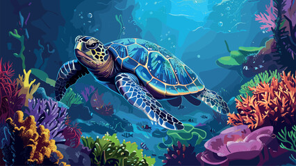 Sea Turtle Swims in the Ocean Against the Backdrop of a Colorful Coral Reef Cartoon Game Background Marine Life Underwater Adventure Coral Ecosystem Aquatic Habitat Illustration