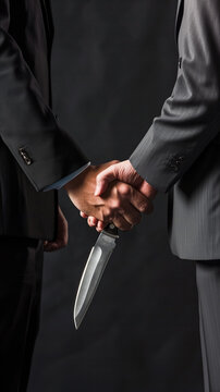 Two businessmen shake hands, one hides a knife, revealing betrayal and danger in the corporate world. The close up shot captures the tension and potential for backstabbing