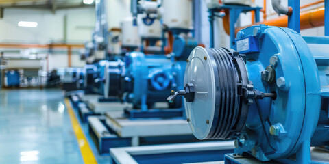 Closeup Pumps and motors in a water distribution facility. Water distribution plant, industry, factory