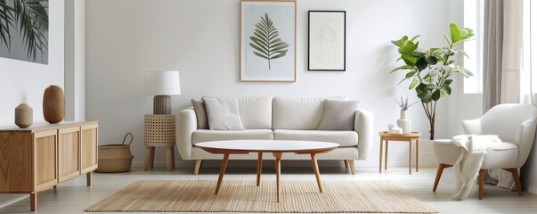 Contemporary living room with a white sofa, showcasing stylish decor and natural lighting.