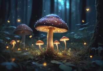 Close-up of a glowing mushroom with fireflies in magical forest at night, blurred background