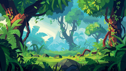 South America Forest Jungle Cartoon Game Background Tropical Rainforest Amazon Wildlife Adventure Illustration Lush Vegetation Exotic Wilderness Scenic Nature Exploration Dense