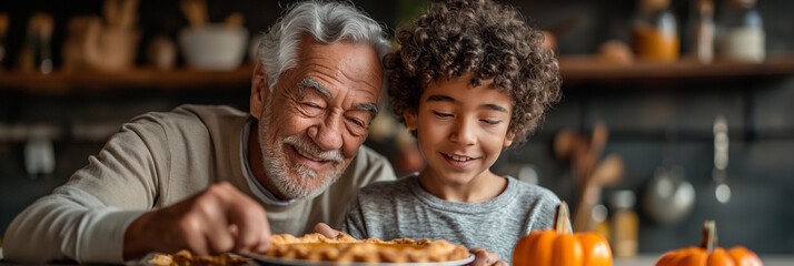 Elderly man and young Hispanic boy enjoying a pumpkin pie together in a warmly lit kitchen. Concept of family bonding, holiday celebration, and Thanksgiving