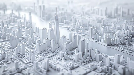 detailed white model of a cityscape with skyscrapers, buildings, and streets, representing urban planning