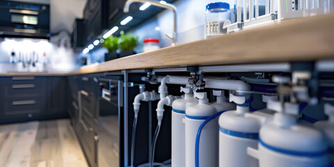 Reverse osmosis water purification system under sink in a kitchen. Water cleaning filter system