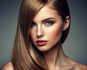 Fototapeta premium Close-up of a girl with a sleek side part hairstyle, emphasizing a defined part and smooth hair.