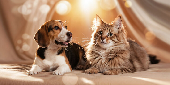 Photoshoot of a Beagle puppy and a Maine Coon: Dog and Cat in Studio with bekeh lights and golden background.