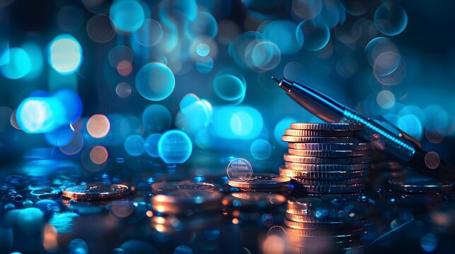 Economy and finance background with money coins , pen and stocks market graphs in blurry backdrop - Powered by Adobe