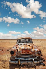 Fototapeta premium Showcasing a classic wreck of a retro vintage car, rusty and abandoned in the vast expanse