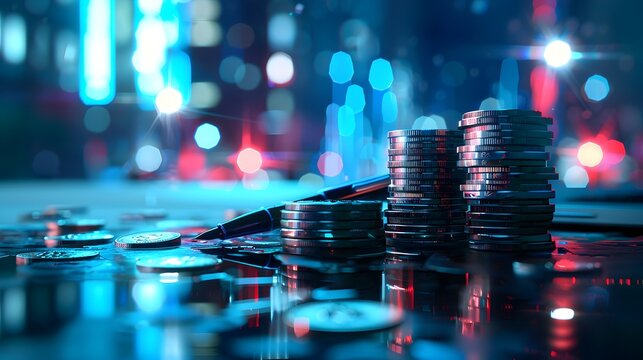 Economy and finance background with money coins , pen and stocks market graphs in blurry backdrop