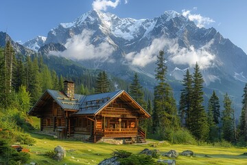 A serene mountain cabin surrounded by pine trees, with smoke gently rising from the chimney and snow-capped peaks in the distance.