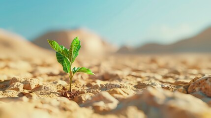 Fototapeta premium Small green sprout growing in desert concept of resilience of life in the harsh desert environment.
