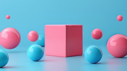 Outstanding pink box among blue spheres on blue background.