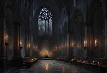 Obraz premium A dark, gothic cathedral interior with tall arched windows, candles, and a mysterious, ethereal atmosphere
