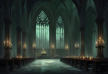 Fototapeta premium A dark, gothic cathedral interior with tall arched windows, candles, and a mysterious, ethereal atmosphere