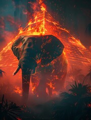 Elephant and Pyramid made from Fire Polygons abstract intense passionate art