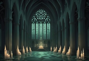 A dark, gothic cathedral interior with tall arched windows, candles, and a mysterious, ethereal atmosphere