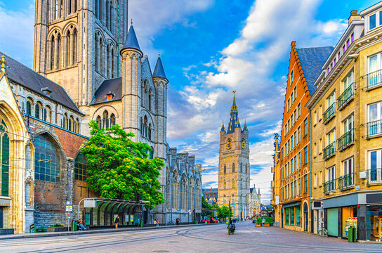 Korenmarkt Wheat Market square with Saint Nicholas Church and Belfry of Ghent Het Belfort van Gent medieval tower in Ghent city historical center, East Flanders province, Flemish Region, Belgium