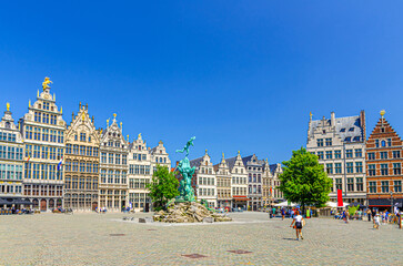 Antwerp cityscape with Brabofontein Brabo Fountain and guild houses guildhalls buildings on Grote Markt Big Market Square in historical city centre, Antwerpen old town, Flemish Region, Belgium