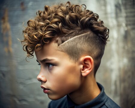 Close-up of a boy with a curly undercut hairstyle, showcasing curls and shaved sides.
