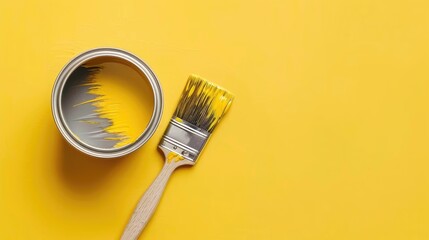 Paint Can and paintbrush on yellow background from above with space for text