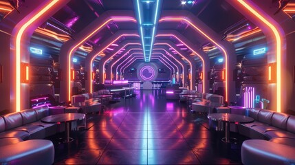 Underground nightclub with neon lights and futuristic decor