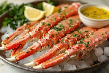 A serving of Alaskan king crab legs, presented on a bed of crushed ice with lemon wedges and a bowl of melted butter.