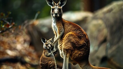 Obraz premium A baby kangaroo nurses from its mother at the Perth Zoo in Western Australia.