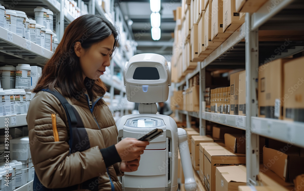 Wall mural a woman interacting with an ai robot in a warehouse, demonstrating the use of robotics in inventory 