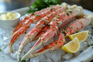 A serving of Alaskan king crab legs, presented on a bed of crushed ice with lemon wedges and a bowl of melted butter.