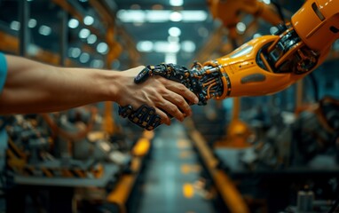 A human hand shaking an AI robotic hand symbolizing human-robot collaboration in a modern industrial environment representing cooperation and technological advancement