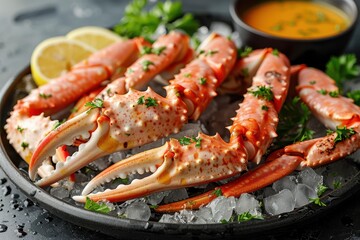 A serving of Alaskan king crab legs, presented on a bed of crushed ice with lemon wedges and a bowl of melted butter.