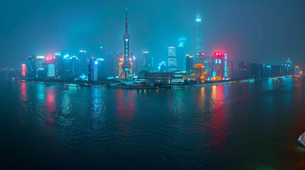 Obraz premium A city skyline is reflected in the water