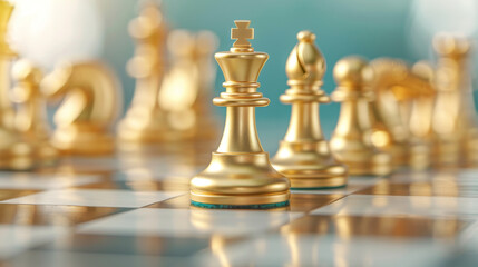 Close-up of golden chess pieces on a chessboard with a blue background, highlighting the king and surrounding pieces.