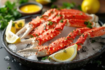A serving of Alaskan king crab legs, presented on a bed of crushed ice with lemon wedges and a bowl of melted butter.