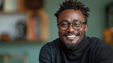 Obraz premium Full Body Photo of Smiling African American Man with Short Hair and Glasses, Wearing Black Turtleneck Sweater on Isolated Green Background 
