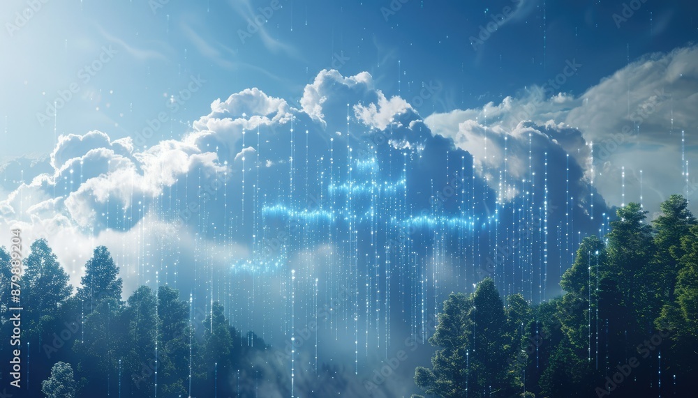 Poster futuristic digital cloudscape with binary code and scifi elements, creating a stunning visual repres