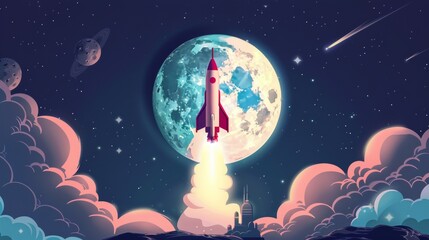 Fototapeta premium Successful rocket launch into space on the background of a full moon with craters and stars. Spaceship shuttle lift off into outer space, start of space mission concept 
