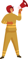 Firefighter wearing protective suit and helmet using megaphone